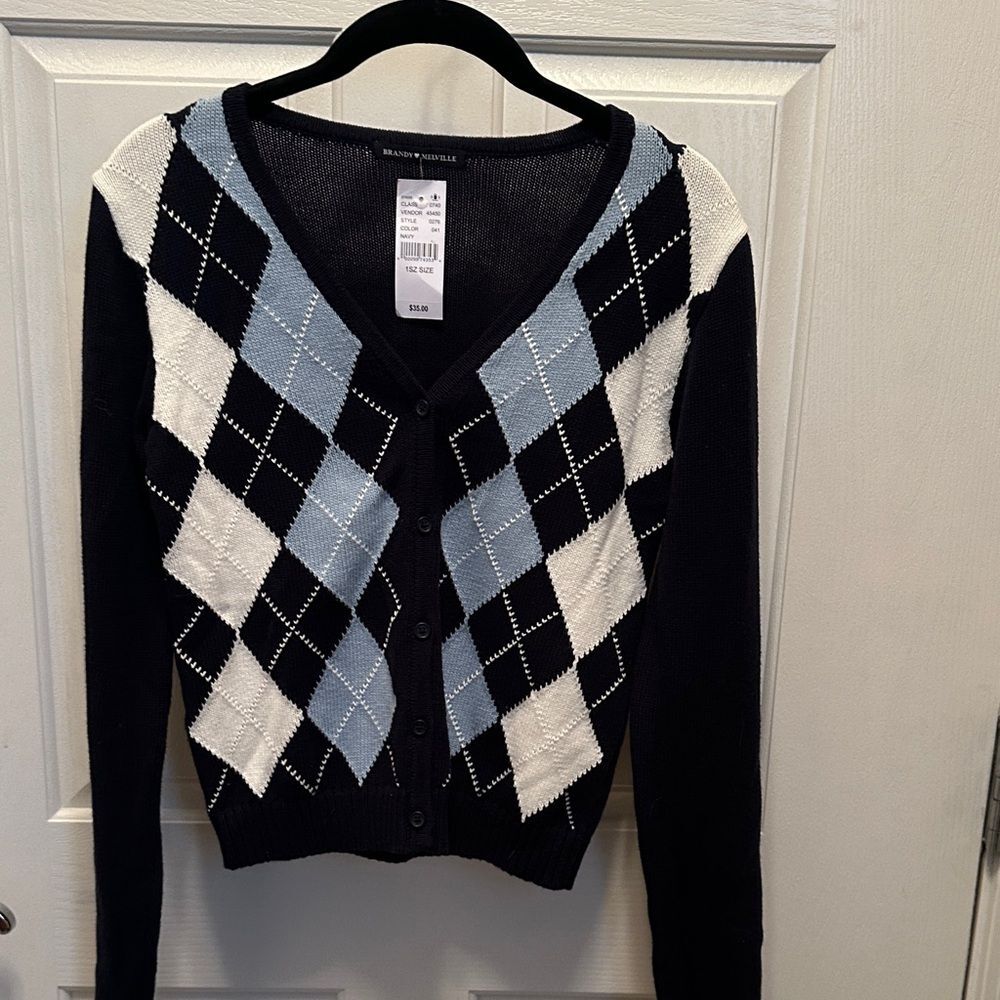 Brandy Melville Black White Blue Argyle Cardigan Preppy Academia 1 Size NWT